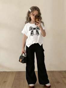 SHEIN 2件套少女休闲T恤和工装裤套装，蝴蝶结刺绣图案圆领短袖T恤和裤子，春夏时尚套装 - 白色 - 查看 8