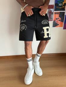 PAVTROS Men's Casual Letter Print Slant Pocket Loose Shorts - Black - View 3