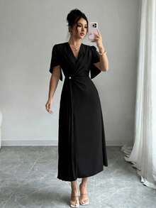 Rafferiza 纯色雪纺收腰优雅褶裥连衣裙 - 黑色 - 查看 4