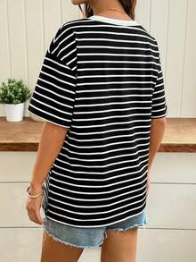 SHEIN Áo thun ngắn tay cổ chữ V kẻ sọc dành cho bà bầu, đa năng, thích hợp mặc hàng ngày. - màu đen - Xem 2