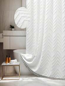 SHEIN 1 件波西米亚纯色编织面料浴帘，包含 12 个挂钩，可机洗针织窗帘，流苏 72 英寸 X 72 英寸现代农舍极简主义，毛绒复古纹理，浴室防水浴帘，酒店装饰家居浴室装饰夏季浴室配件 - 彩色 - 查看 17