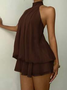 SHEIN Tall CURVE Plus Size Women Elegant Solid Color Halter Tie Dress - Coffee Brown - View 3