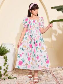 SHEIN Đầm maxi tay phồng in hoa, thắt eo, dành cho bé gái tuổi teen, ngọt ngào và thanh lịch, thích hợp cho kỳ nghỉ và mặc thường ngày, mùa xuân/hè. - Nhiều màu - Xem 8