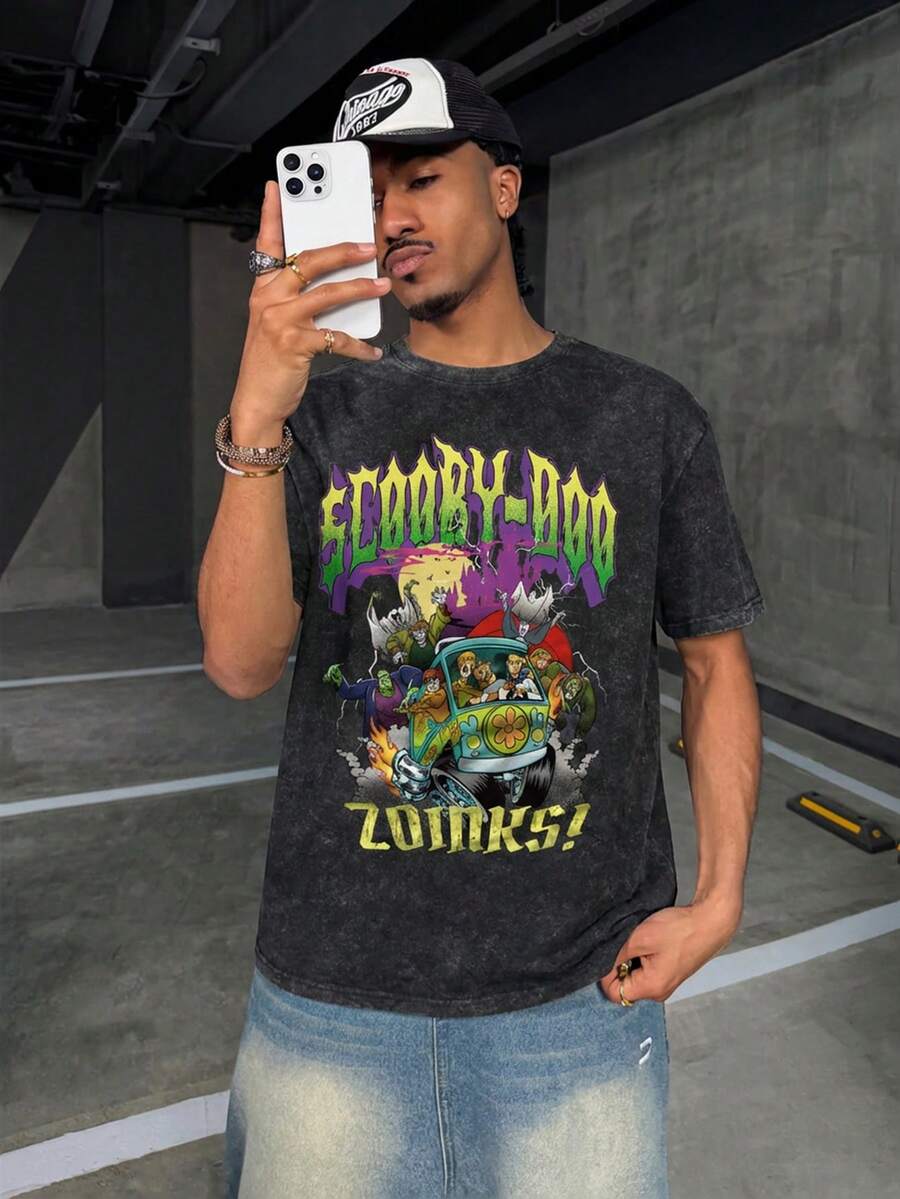 SCOOBY-DOO X SHEIN 男士卡通印花圆领短袖T恤 - 白色 - 查看 1