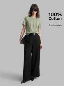 Ontre Áo thun nữ tay ngắn cổ tròn 2026SS, áo thun cơ bản công sở thanh lịch, áo kiểu dự tiệc cưới, áo thun thường ngày mùa xuân. - màu xanh lá - Xem 3