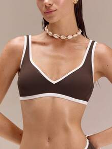 GLOWMODE 1PC Swim Collection Chlorine-Resistant Sandy Toes Sun-Protective Removable Cups Curved Hem Lining Bikini Top Swimming Beach Pool Summer Brown Sporty - Brown - View 4