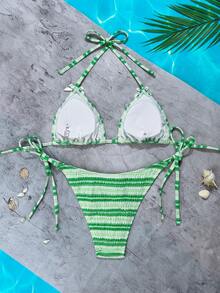 Swim Mod Set da 2 pezzi di costume da bagno primavera/estate 2026, con top a fascia a righe verdi e slip con fiocco bianco a vita alta, dolce - Multicolore - Visualizzare 4