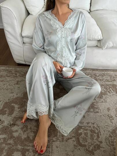 Vivie Lora Floral Pattern Contrast Lace Long Sleeve Top And Pants Set For Middle-Aged & Elderly Women