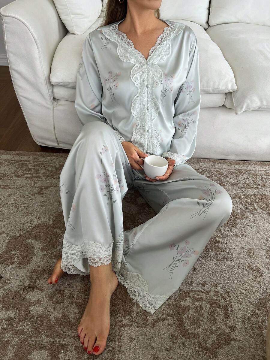 Vivie Lora 中老年女性花卉图案撞色蕾丝长袖上衣和裤子套装 - 綠色 - 查看 1