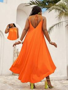 EMERY ROSE Brown Summer Boho Beach Gym Holiday Dress,Plus Size Women Solid Color Contrast Lace Halter Dress,Vacation Outfits,Zanzea Spring Country Clothing - Burnt Orange - View 1