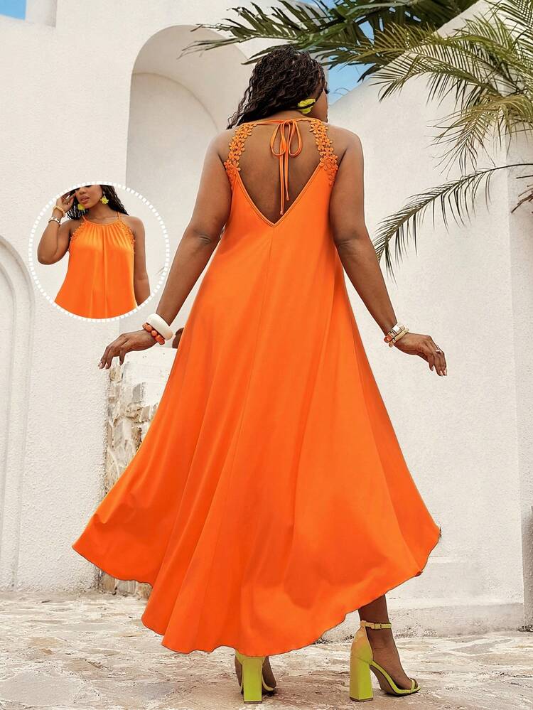 Plus Size Women Solid Color Contrast Lace Halter Dress, Vacation