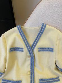 Selianne Áo khoác nữ dáng suông, thanh lịch, tối giản, có túi và tua rua, tay ngắn, thích hợp cho mùa hè. - Vàng nhạt - Xem 4