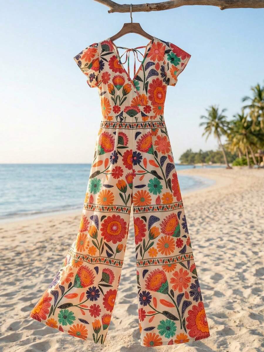 Selianne Bộ jumpsuit nữ dáng dài, cổ chữ V, eo bèo nhún, họa tiết hoa nhiều màu sắc, thích hợp cho du lịch biển. - Nhiều màu - Xem 1