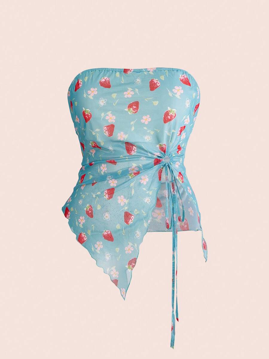 ROMWE Kawaii Plus Size Women Strawberry Print Side Slit Hem Bandeau Top - Blue - View 1
