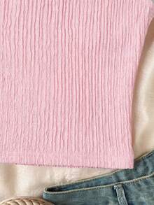 SHEIN Camiseta de punto ajustada con cuello cuadrado, textura de encaje, bordado y patchwork para niñas preadolescentes en vacaciones - Rosa - Ver 5