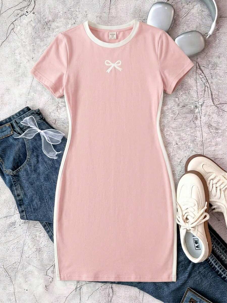 SHEIN Tween Girls Bow Print Black & White Contrast Color Fitted Casual Everyday Dress - Pink - View 1