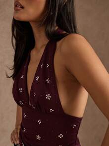 SHEIN BAE Women's Floral Rivet Design Plunging V-Neck Halter Camisole - Maroon - View 5