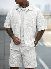 Manfinity CasualCool Bộ áo sơ mi và quần short nam kiểu dáng thường ngày, chất liệu jacquard. - trắng - Xem 4