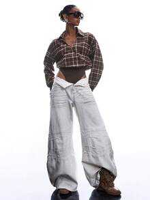 LYSMO Mono de mujer de manga larga con hombros caídos y estampado de cuadros - Marrón - Ver 8