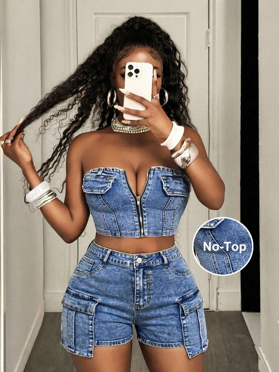 SHEIN Unity Plus Size Women's Solid Color Zipper Front Cargo Pocket Skinny Denim Shorts, Suitable For Summer Travel And Gatherings Jorts Casual Summer