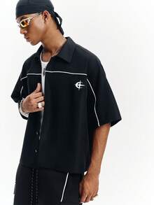 PAVTROS Men's Street-Style Popular INS Matching Men's Fashionable Street Style & Striped Print Short Sleeve Shirt, Summer,Streetwear,I Love My Boyfriend,Graphic,Oversized,Boy Friend Gifts,Valentine's Day Gift - Black - View 4