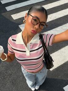 Muchica 女款對比條紋針織 Polo 上衣，休閒學院風 Y2K 2000s 風格，夏季復古街頭穿搭早午餐上衣 - 粉色 - 查看 8
