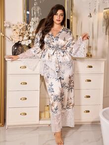 MuseNap CURVE Plus Size Women 2 Pieces Satin Pajama Set, Champagne, Autumn, Elegant, Family Matching, Wedding, Floral Print Lace Patchwork Tie Front Curve Sleepwear Gown - Multicolor - View 1