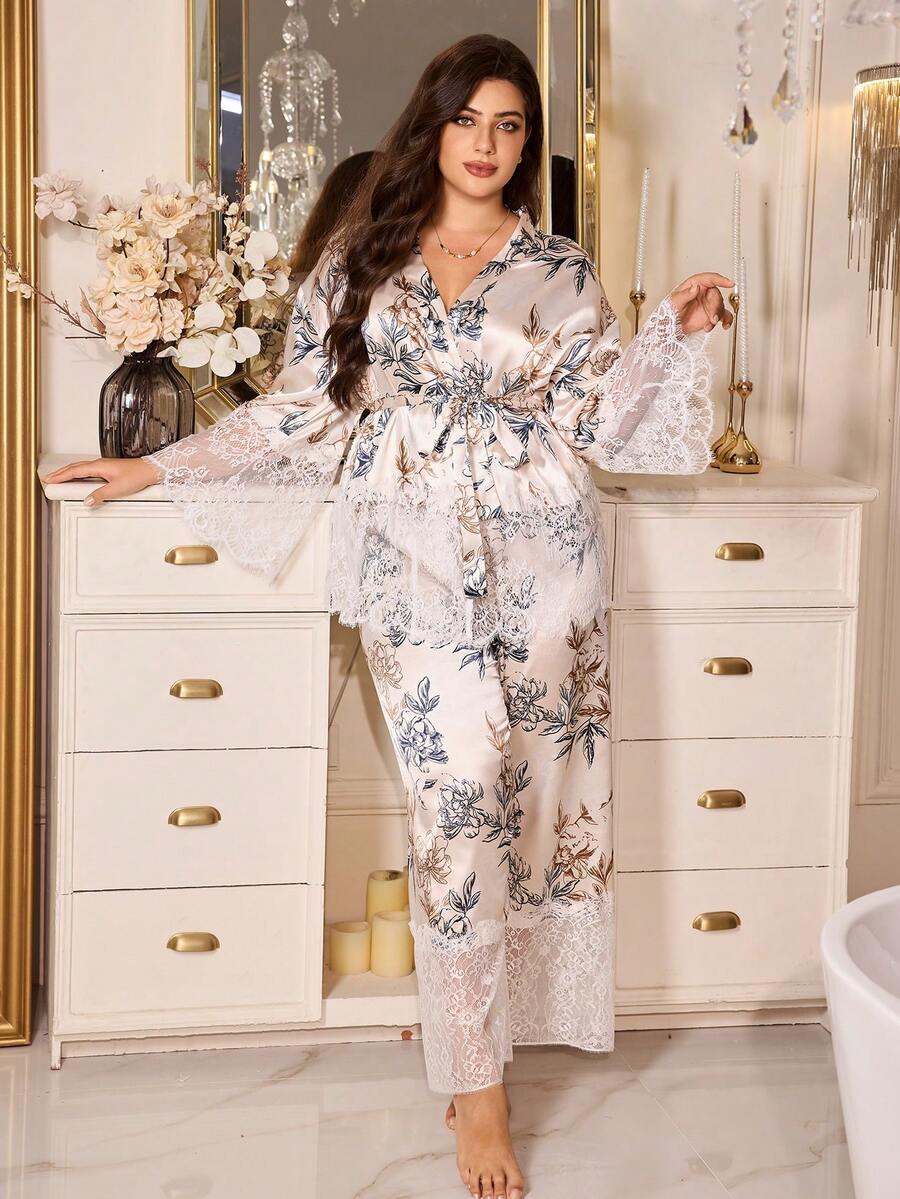 MuseNap CURVE Plus Size Women 2 Pieces Satin Pajama Set, Champagne, Autumn, Elegant, Family Matching, Wedding, Floral Print Lace Patchwork Tie Front Curve Sleepwear Gown - Multicolor - View 1