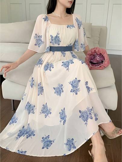 DAZY 春夏休闲优雅蕾丝拼接碎花收腰长连衣裙