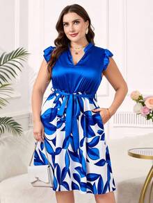 Reflora Plus Size Women's Botanical Print V-Neck Cap Sleeve Elegant Dress - Blue - View 4