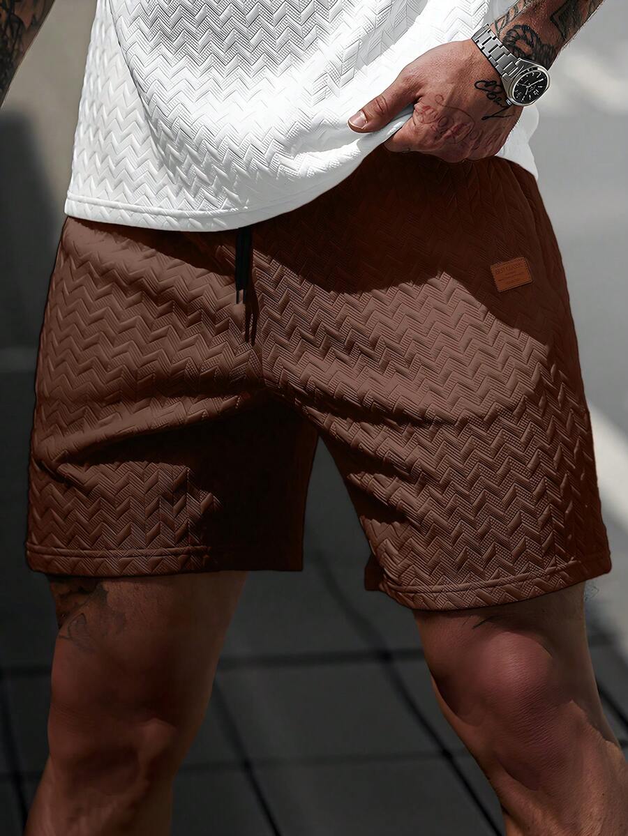 Manfinity CasualCool Men's Summer Jacquard Drawstring Shorts With Leather Patch, Thoughtful Gift For Boyfriend Or Husband - Coffee Brown - View 1
