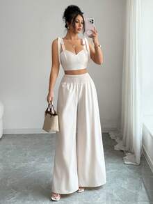 SHEIN Elenzya Conjunto de 2 piezas de top corto y pantalones de pierna ancha elegante para vacaciones de verano para mujer - Albaricoque - Ver 4