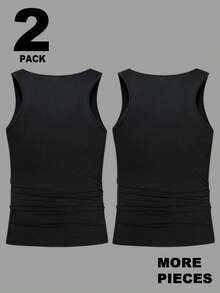 Manfinity Homme Manfinity 2 paquetes de camisetas de tirantes casuales versátiles de unicolor con cuello redondo para hombres, vacaciones - Negro - Ver 2