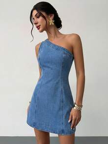Firerie Đầm denim không tay thường ngày cho nữ mùa hè, trang phục lễ hội, đi làm, nghỉ mát, tốt nghiệp, phong cách Y2K, dễ thương, thời trang đường phố, dự tiệc, đám cưới, thanh lịch, công sở, đi biển, lễ tốt nghiệp, lễ Phục sinh. Đầm mini denim sành điệu cho nữ, đầm ngắn ôm sát không tay một vai, đầm denim dáng chữ A thanh lịch cho nữ, đầm mini không tay có nút cài, đầm xanh gợi cảm, đầm một vai cho nữ. - Màu xanh lam - Xem 2