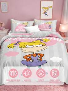 Nick 90s | SHEIN 3Pc Pink And Gray Cartoon Character Quilt Cover Set, Sanded Material, Soft And Warm, Multiple Sizes, Suitable For Single Bed/Double Bed/Queen Bed/King Bed - Baby Pink - View 5