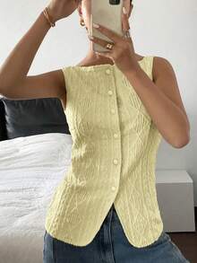SHEIN PETITE CURVE Chaleco casual de mujer de talla grande con textura geométrica y abotonadura sencilla - Amarillo claro - Ver 6