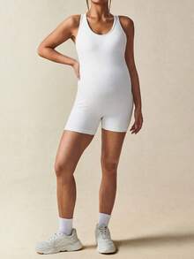 SHEIN Maternity Solid Color Backless Sleeveless Sports Romper,Word Cup - White - View 5