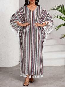 SHEIN Lady Plus Size Striped Fringe Batwing Sleeve Dress Vacation Country - Multicolor - View 5