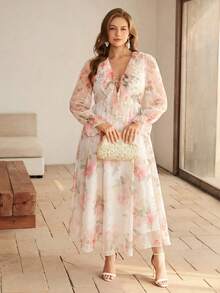 Roveilla 大码针织印花网纱荷叶边领收腰花瓣袖A字连衣裙 春夏优雅连衣裙 印花长裙 女士优雅荷叶边连衣裙 长袖印花连衣裙 女士优雅印花连衣裙 - 米色 - 查看 5