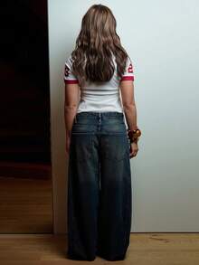 女士休闲字母印花短袖上衣，夏季 - 杏色 - 查看 2