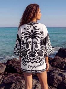 CAJUNI Áo khoác kimono dáng rộng tay lửng in hình quả dứa dành cho nữ. - Đen và trắng - Xem 2