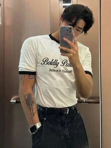 DAZY 男士修身短袖字母印花T恤，夏季款 - 白色 - 查看 4