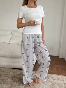 Vivie Lora 中老年女性T恤衫，条纹星形印花长裤套装 - 白色 - 查看 5