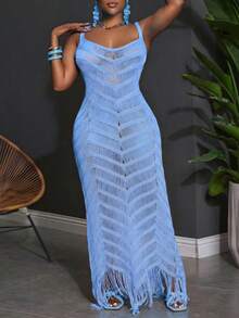 Slaydiva Plus Size Summer Sleeveless Hollow-Out Sheer Dress - Blue - View 6