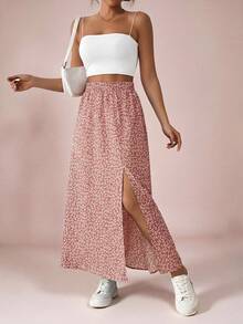 SHEIN VCAY Plus Size Women's Casual Ditsy Floral High Slit Skirt, Summer - Baby Pink - View 4
