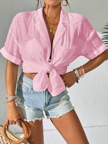 SHEIN Swim 女士简约纯色短袖和服罩衫，夏季海滩装扮，女士沙滩罩衫，长款衬衫，沙滩衬衫 - 粉色 - 查看 4