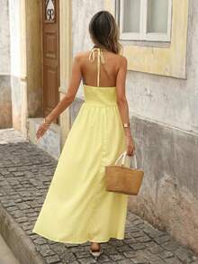 Brillora Women's Vacation Casual Geometric Print Backless Dress,Summer Dresses For Women Spaghetti Strap Boho Long Yellow Embroidered Maxi - Light Yellow - View 2
