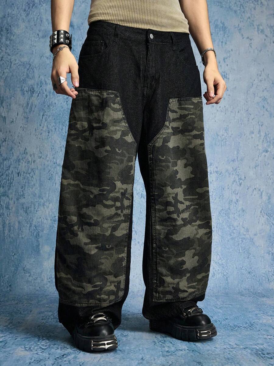 ROMWE MEN Street Life 男士重度做旧拼接牛仔裤 - 黑色 - 查看 1