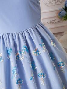 SHEIN Tween Girls' Summer Mesh Patchwork Floral Embroidery Dress - Blue - View 7