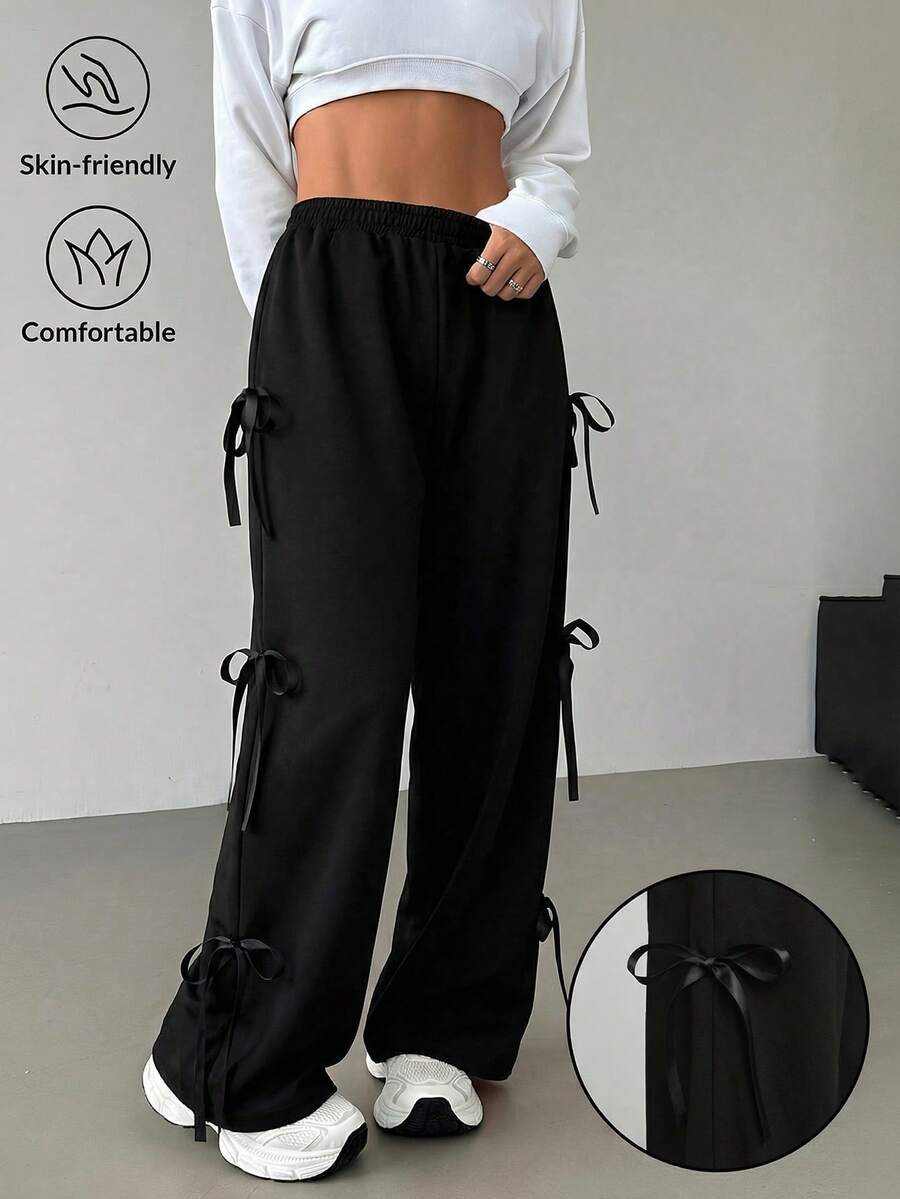 SHEIN EZwear Plus Size Bow Tie Waist Contrast Color Straight Leg Casual Sweatpants, Autumn/Winter - Black - View 1